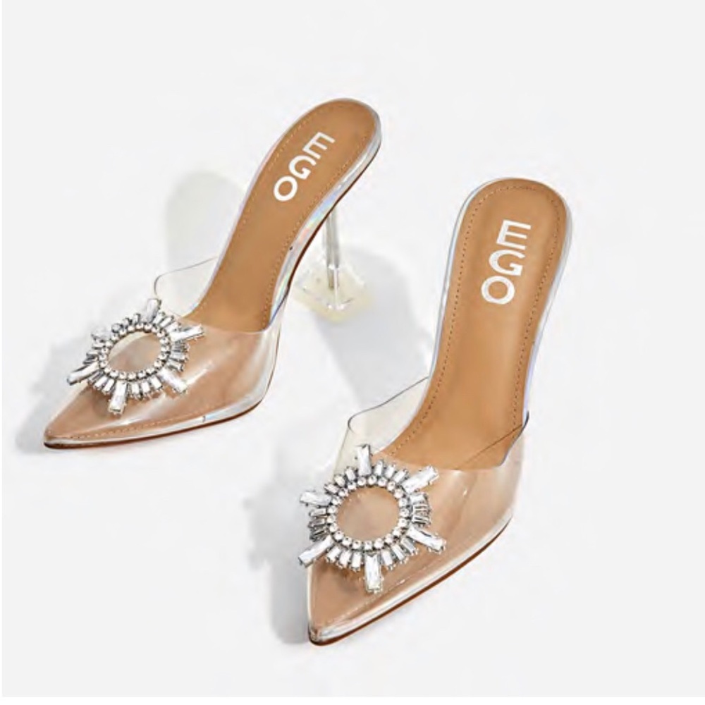 Diamante Detail Perspex Heel Mule Nude Patent